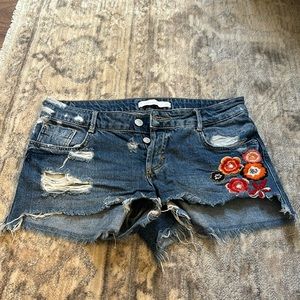 Embroidered floral denim shorts
